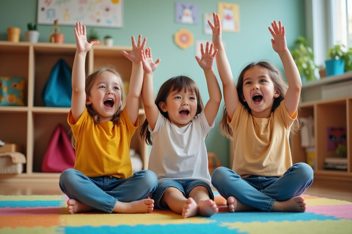 Groupe de jeunes enfants en maternelle chantant une comptine en faisant des gestes, assis en demi-cercle sur un tapis coloré dans une salle de classe décorée