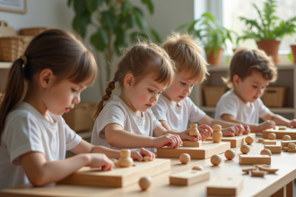 Groupe d'enfants Montessori travaillant avec des matériaux en bois