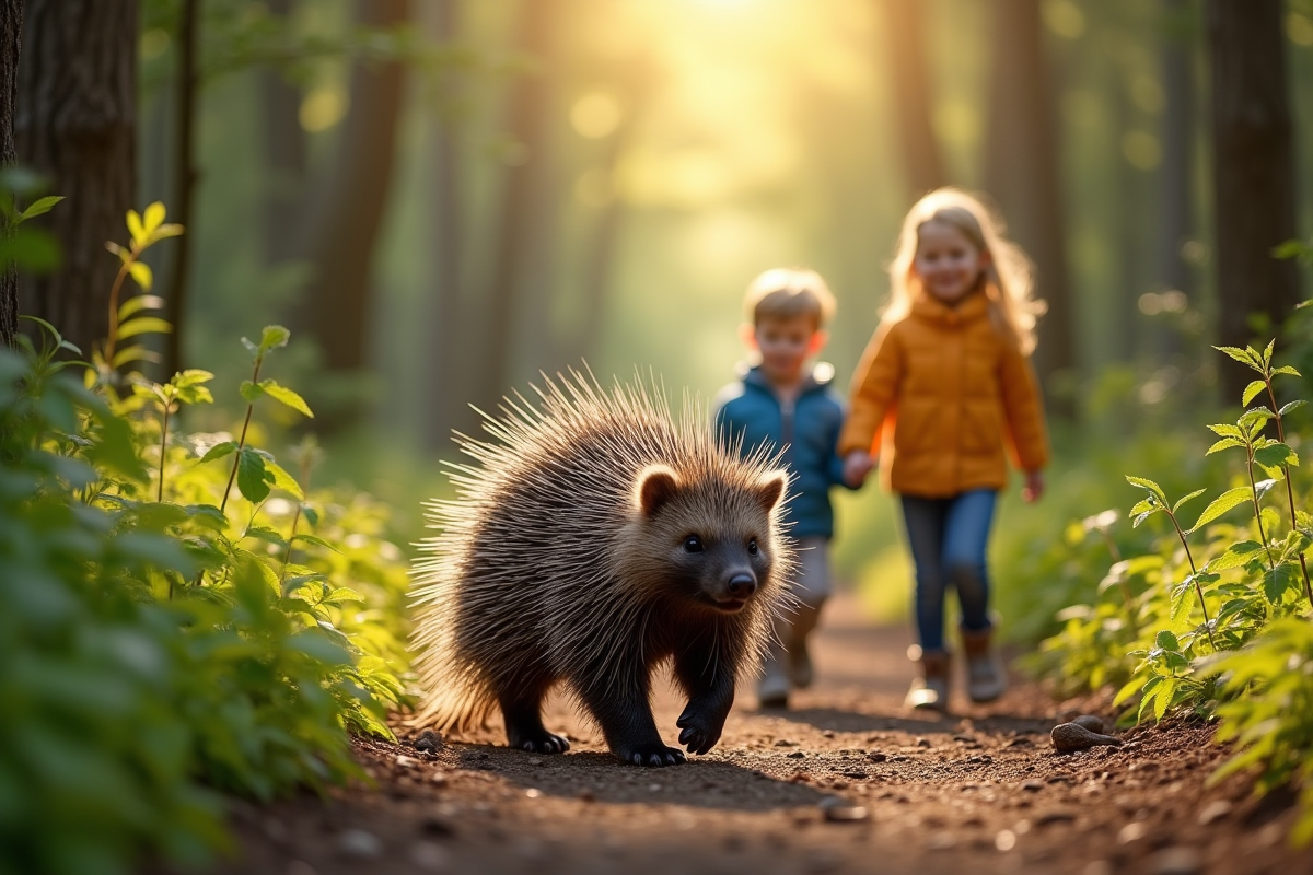 Enfants suivant un porc-épic dans la forêt en promenade