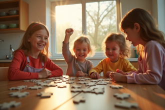 Enfants résolvant un puzzle à la cuisine ensoleillée
