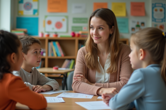 Enseignante scolaire écoute attentivement des enfants en classe