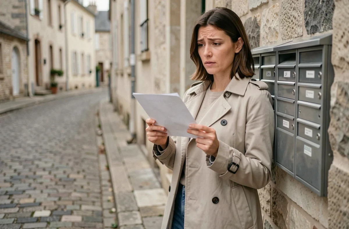 Femme hésitante s'apprêtant à envoyer une lettre de préavis pour son assistante maternelle devant une boîte aux lettres