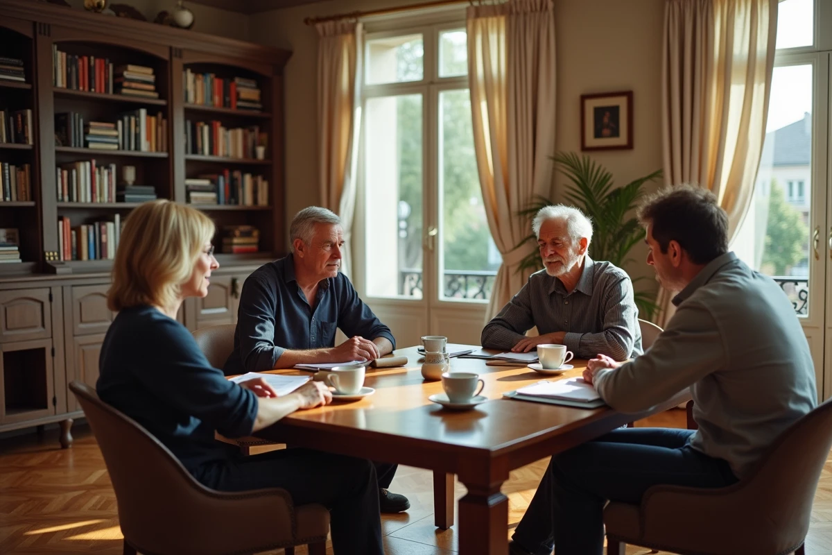 Réunion de famille discrète dans un appartement bourgeois français évoquant l'entourage de Brigitte Macron