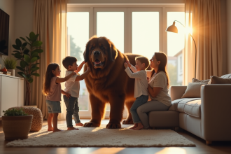 Famille accueillant un Newfoundland dans un salon lumineux
