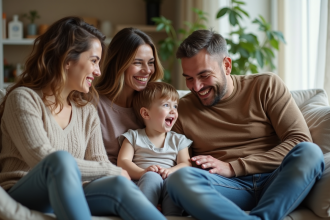 Famille diverse riant dans un salon moderne chaleureux