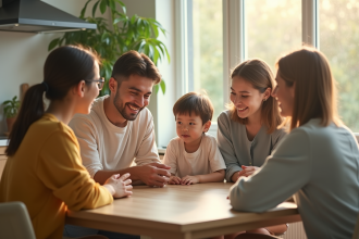 Famille réunie autour d'une table de cuisine moderne