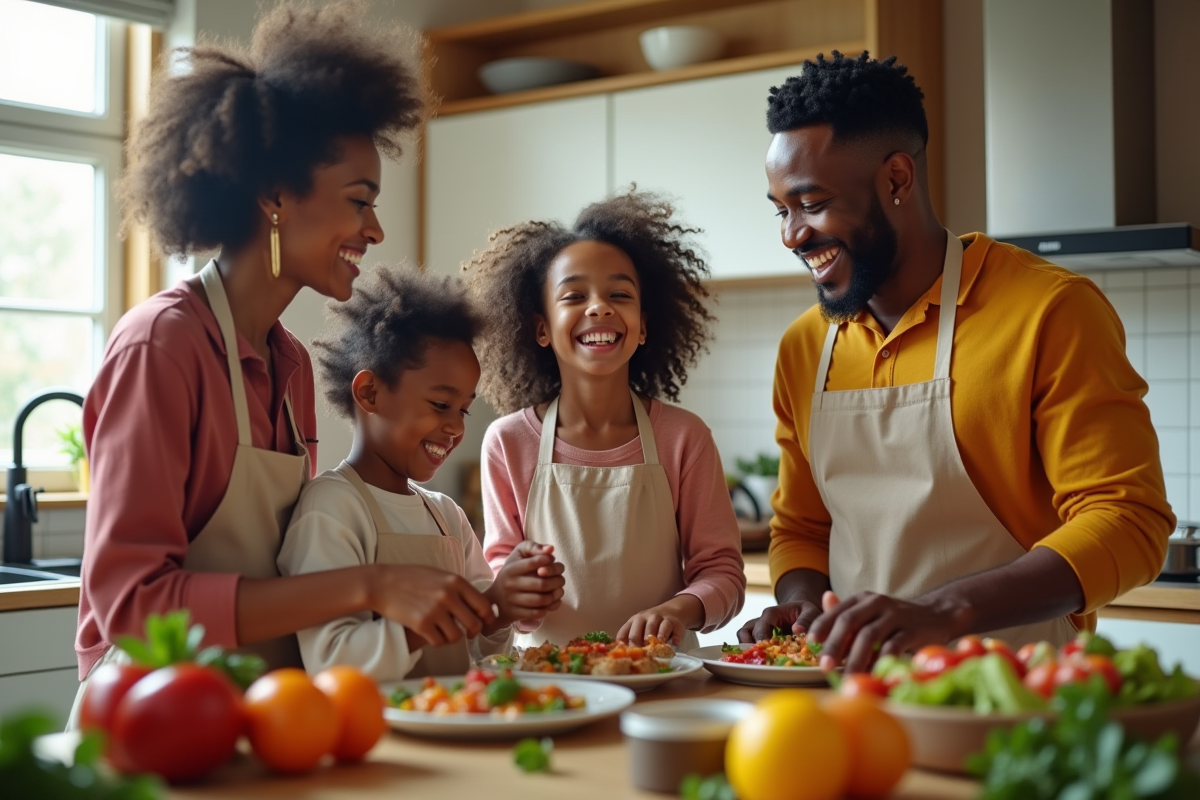 Famille diverse riant en cuisinant dans une cuisine lumineuse
