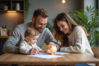 Jeune couple souriant avec bébé dans un appartement chaleureux