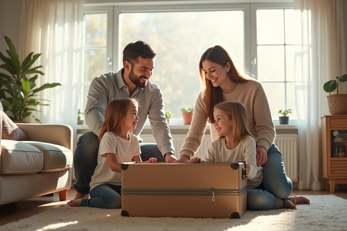 Famille souriante préparant une valise dans un salon lumineux