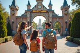 Famille souriante à l'entrée d'un parc d'attractions en France, comparaison Mer de Sable et Parc Astérix