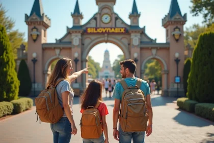 Famille souriante à l'entrée d'un parc d'attractions en France, comparaison Mer de Sable et Parc Astérix
