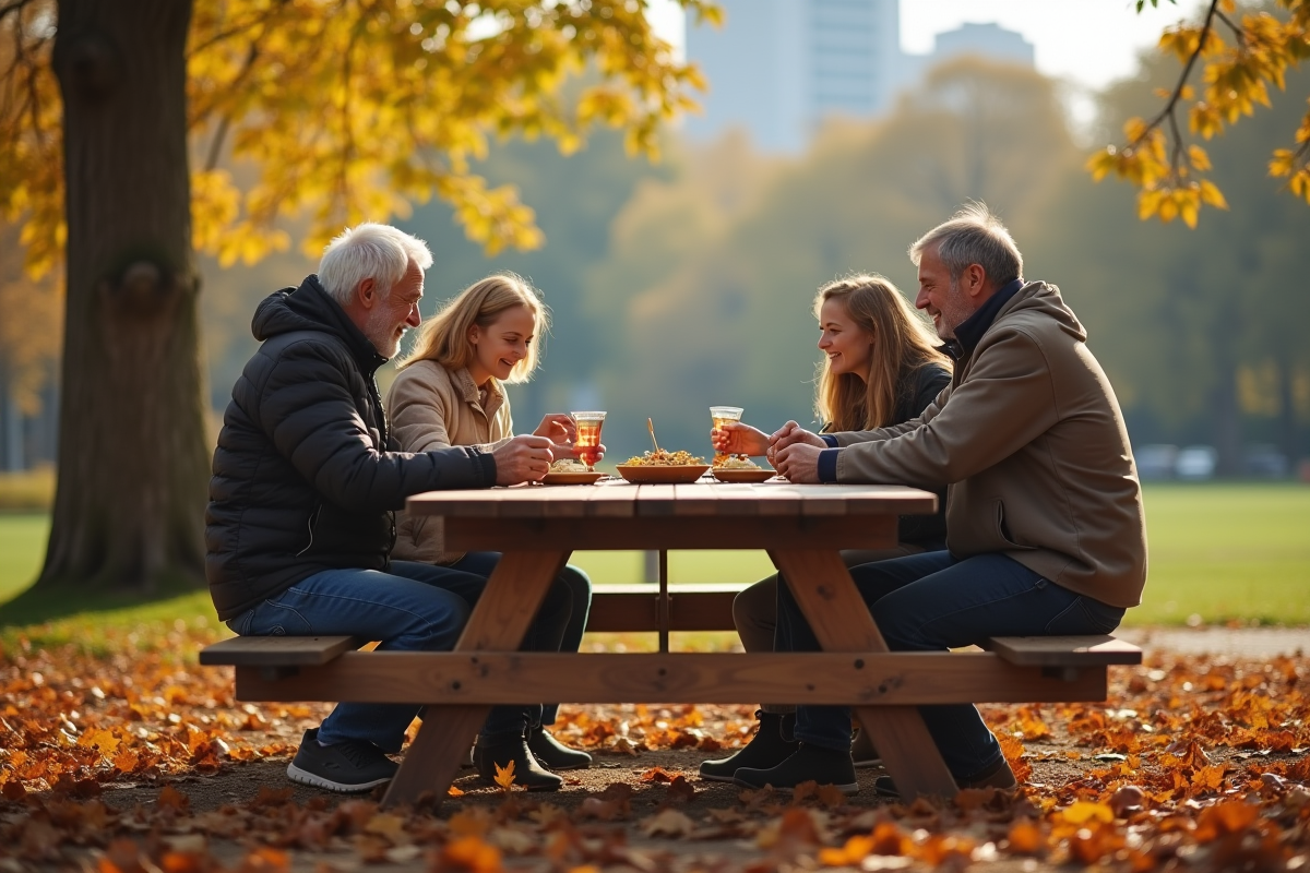 Famille multigeneration partageant un repas dans un parc urbain