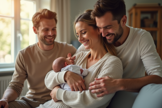 Famille heureuse à la maison avec un nouveau-né et enfants