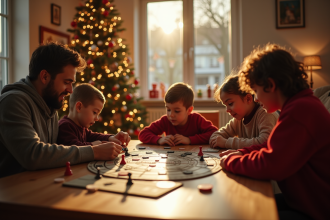 Famille jouant à des jeux de société près du sapin de Noël