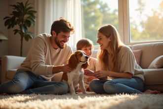 Famille heureuse dans un salon lumineux avec un chiot cocker
