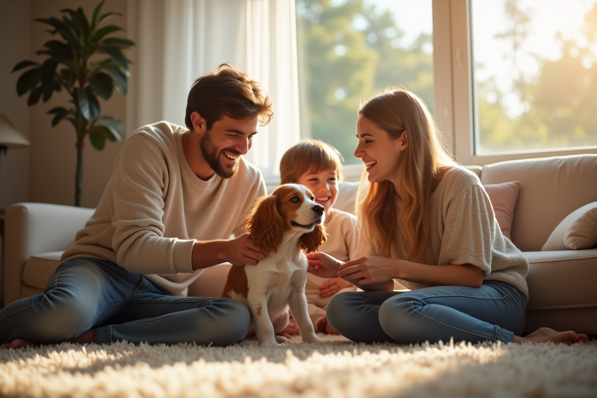 Famille heureuse dans un salon lumineux avec un chiot cocker