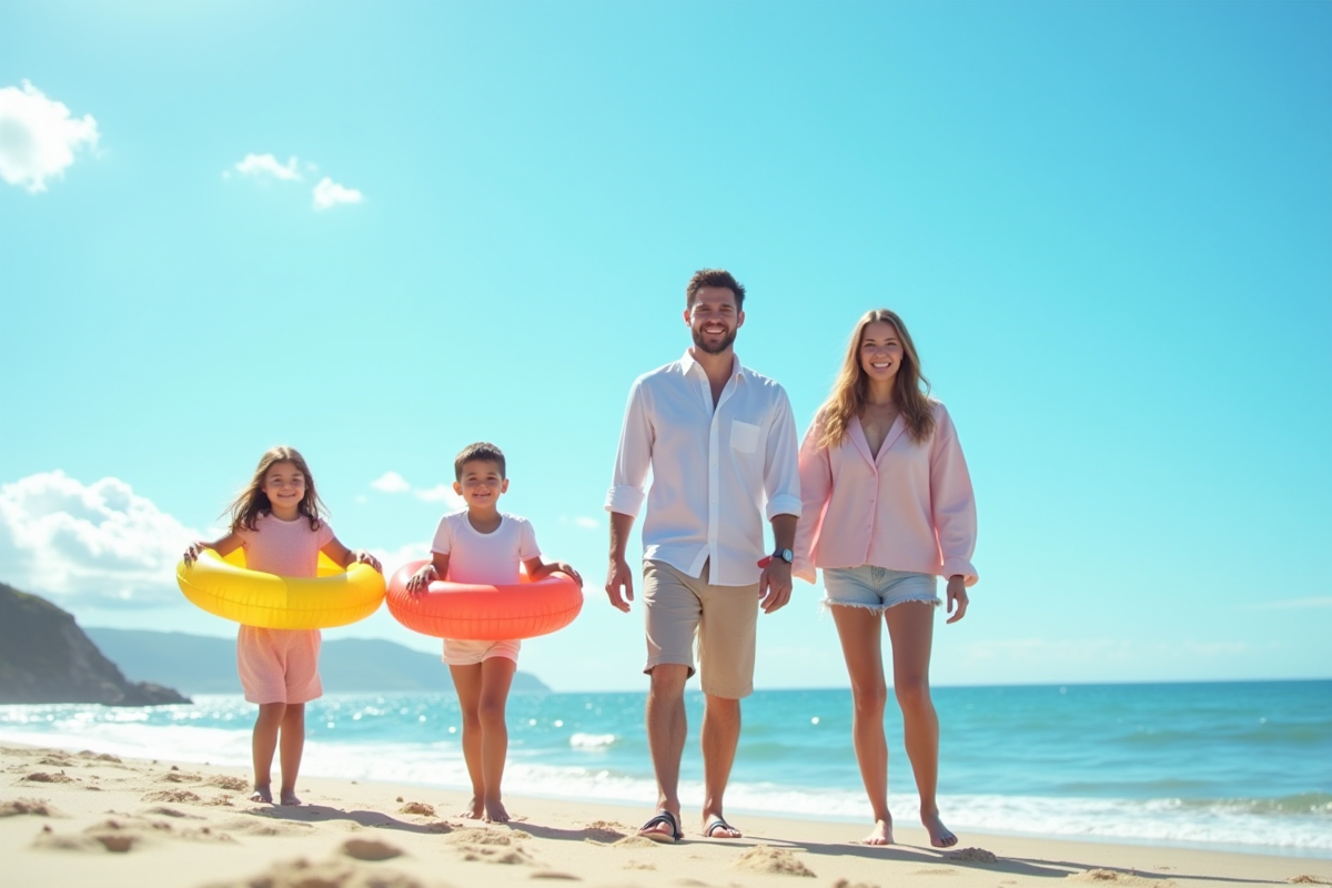 Famille sur la plage avec jouets gonflables en vacances