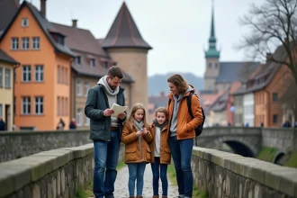Famille en vacances scolaires sur un pont historique en Baden-Württemberg lors d'un long week-end de printemps