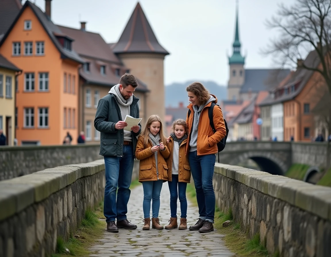 Famille en vacances scolaires sur un pont historique en Baden-Württemberg lors d'un long week-end de printemps