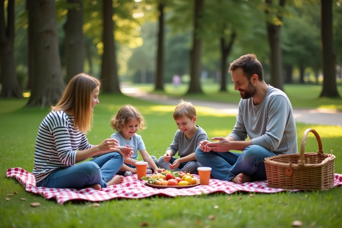 Famille recomposée profitant d'un pique-nique en plein air dans un parc verdoyant lors d'un week-end ensoleillé