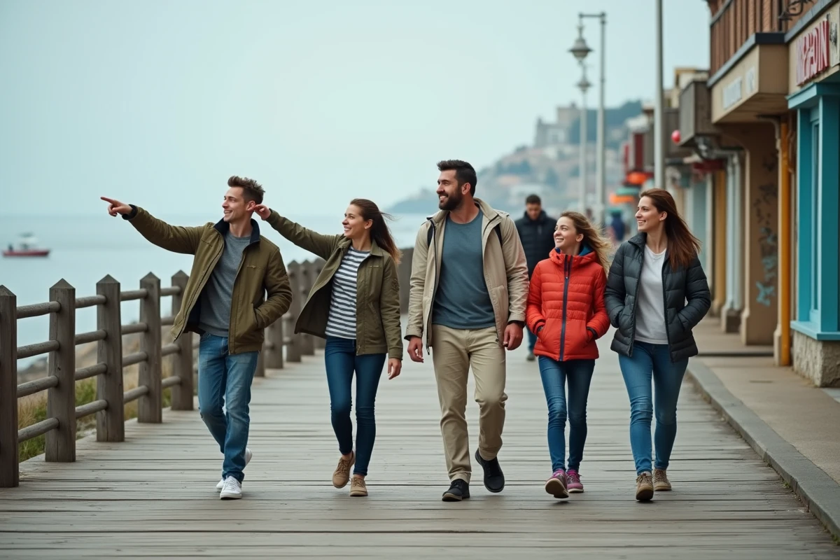 Famille recomposée se promenant ensemble sur une promenade balnéaire en bord de mer lors d'une escapade en famille