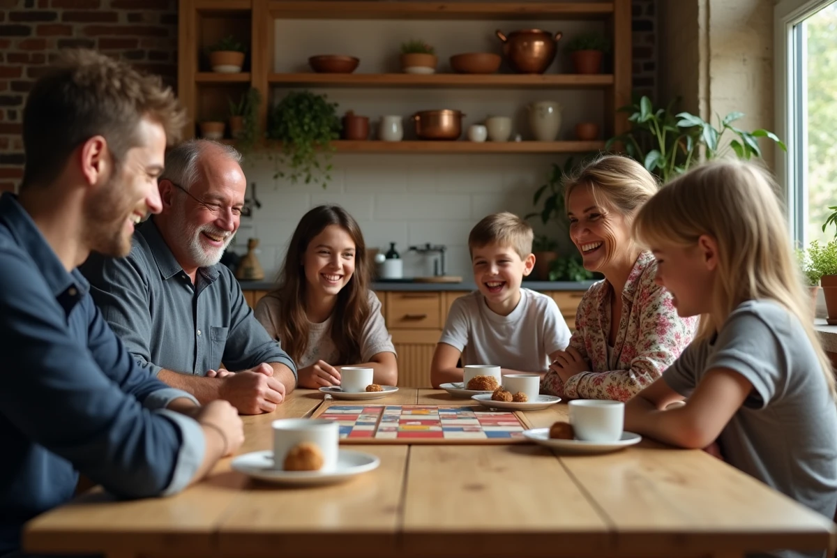 Famille recomposée réunie autour d'une grande table en bois pour un moment de jeu et de partage dans une cuisine chaleureuse