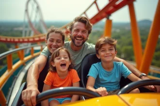 Famille souriante sur montagnes russes en plein air