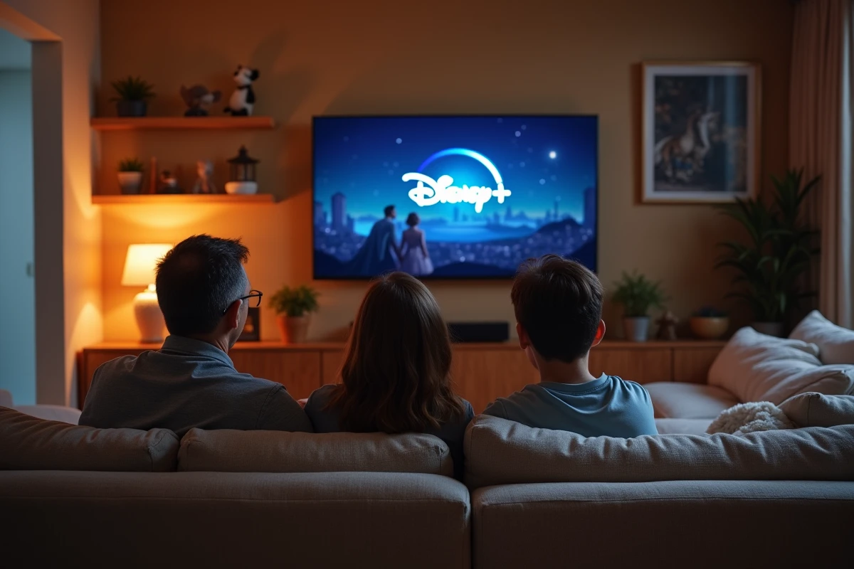 Famille réunie dans le salon pour choisir l'ordre de visionnage des films Disney sur Disney Plus ensemble