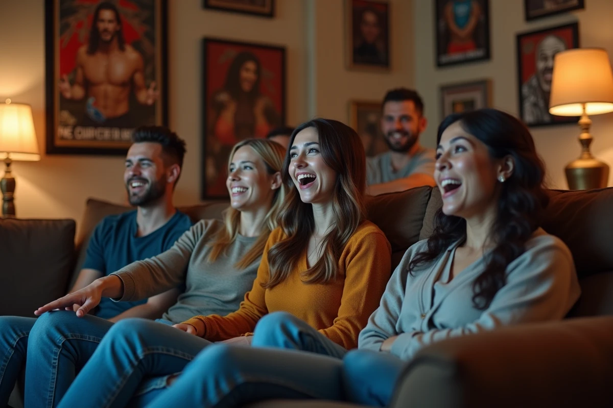 Groupe de fans de catch surpris regardant la télévision dans un salon