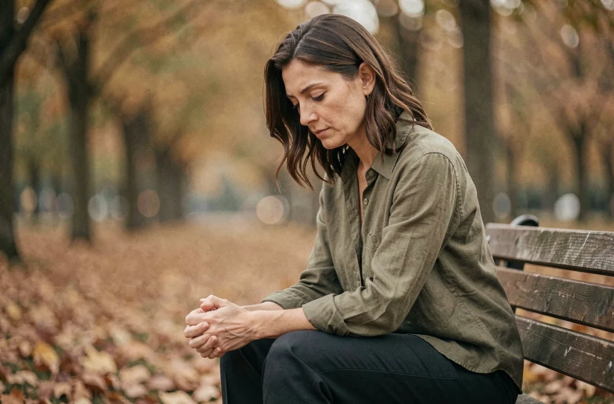 Femme adulte assise seule sur un banc de parc en automne, expression pensive et mélancolique illustrant le rejet parental et la douleur émotionnelle