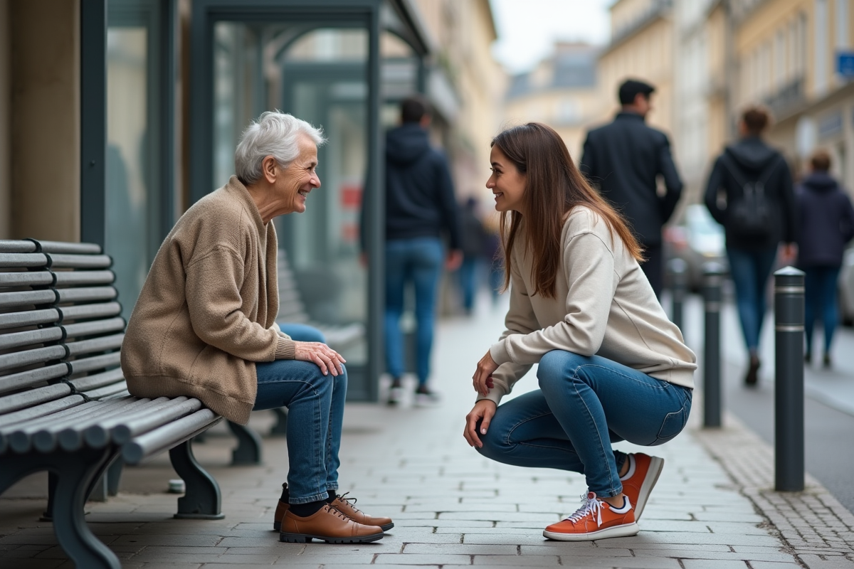 Jeune femme aidant une personne âgée sur le trottoir