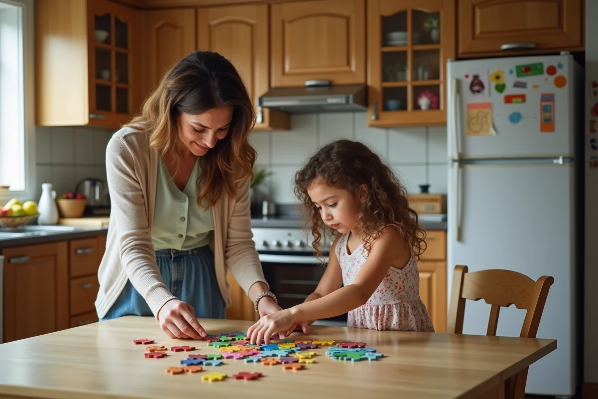 Femme aidant une fille à faire un puzzle dans la cuisine