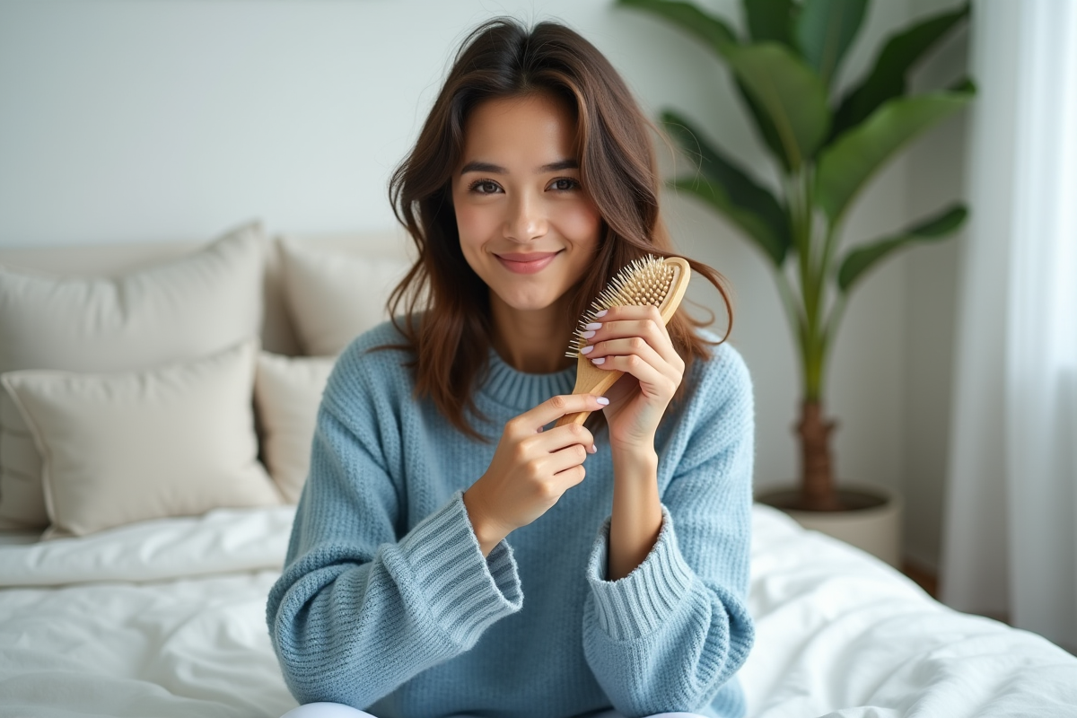 Femme en pull bleu brossant ses cheveux dans une chambre