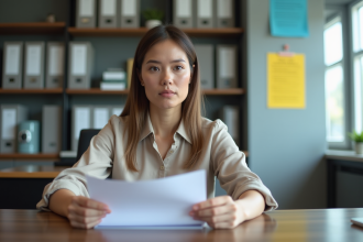 Femme en tenue professionnelle dans un bureau scolaire