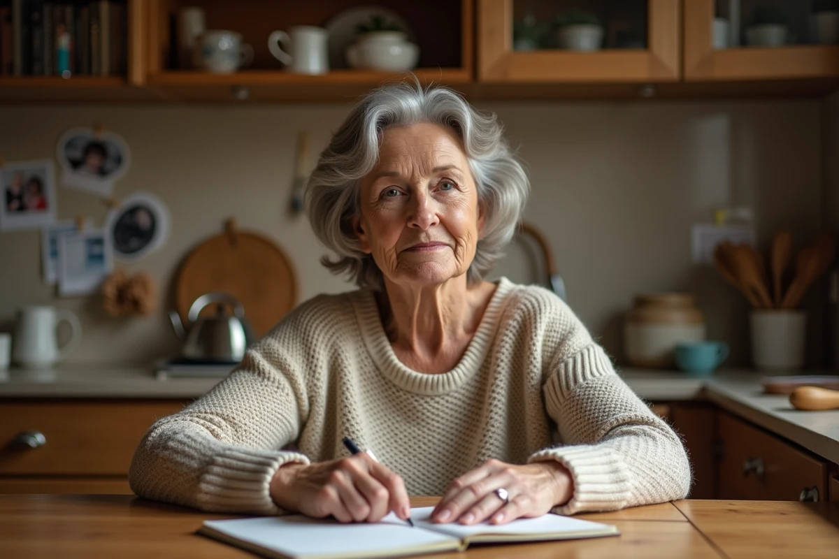 Femme écrivant un poème acrostiche dédié à ses parents dans un carnet à la main, ambiance cuisine familiale chaleureuse
