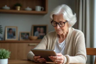Femme âgée utilisant une tablette dans la cuisine chaleureuse