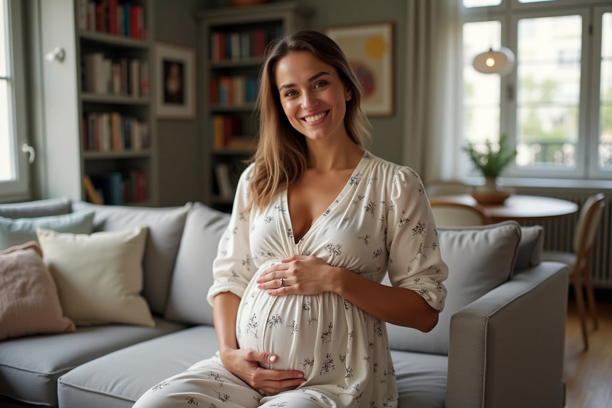 Femme enceinte élégante dans un appartement parisien moderne, souriant avec les mains posées sur son ventre