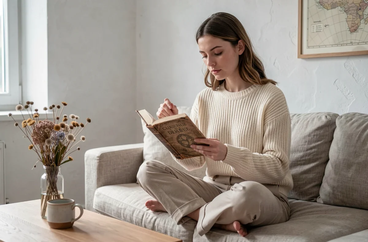 Jeune femme enceinte feuilletant un livre de prénoms anciens dans un salon scandinave minimaliste avec décoration vintage
