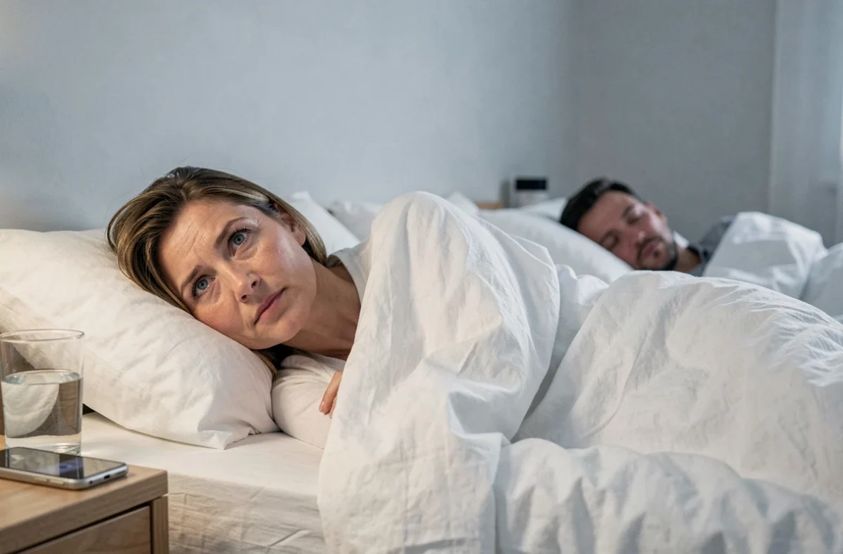 Femme éveillée la nuit dans son lit après un rêve sur l'infidélité de son mari endormi à côté d'elle