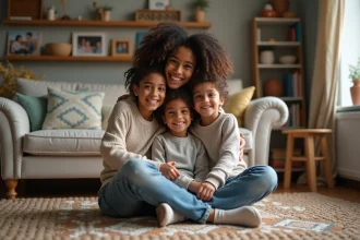 Jeune femme avec enfants dans un salon chaleureux
