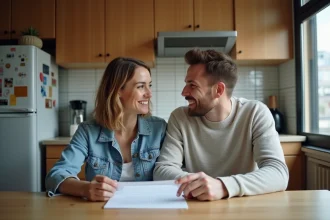 Une femme et un homme discutent à la cuisine dans un appartement