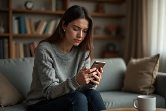 Femme seule sur un canapé regardant son téléphone sans réponse après une dispute de couple