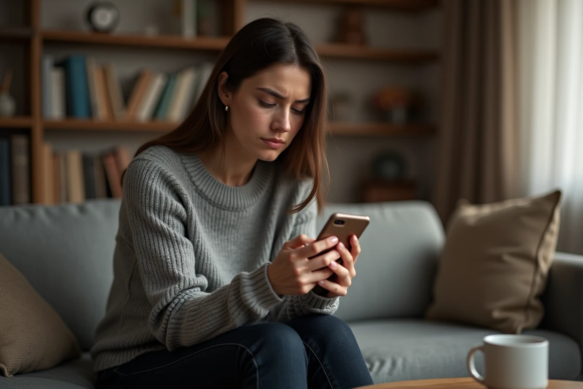 Femme seule sur un canapé regardant son téléphone sans réponse après une dispute de couple