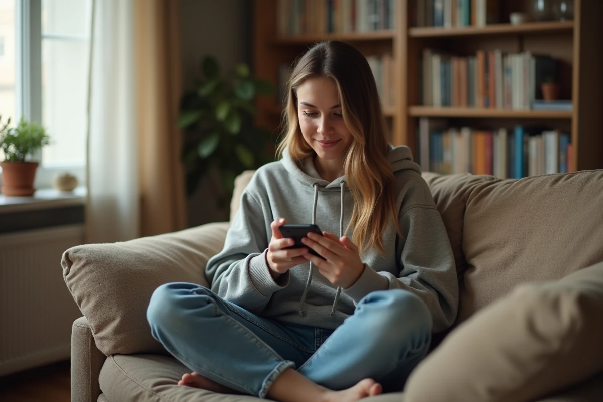 Jeune femme jouant à un jeu gratuit sur smartphone sans publicité dans son salon