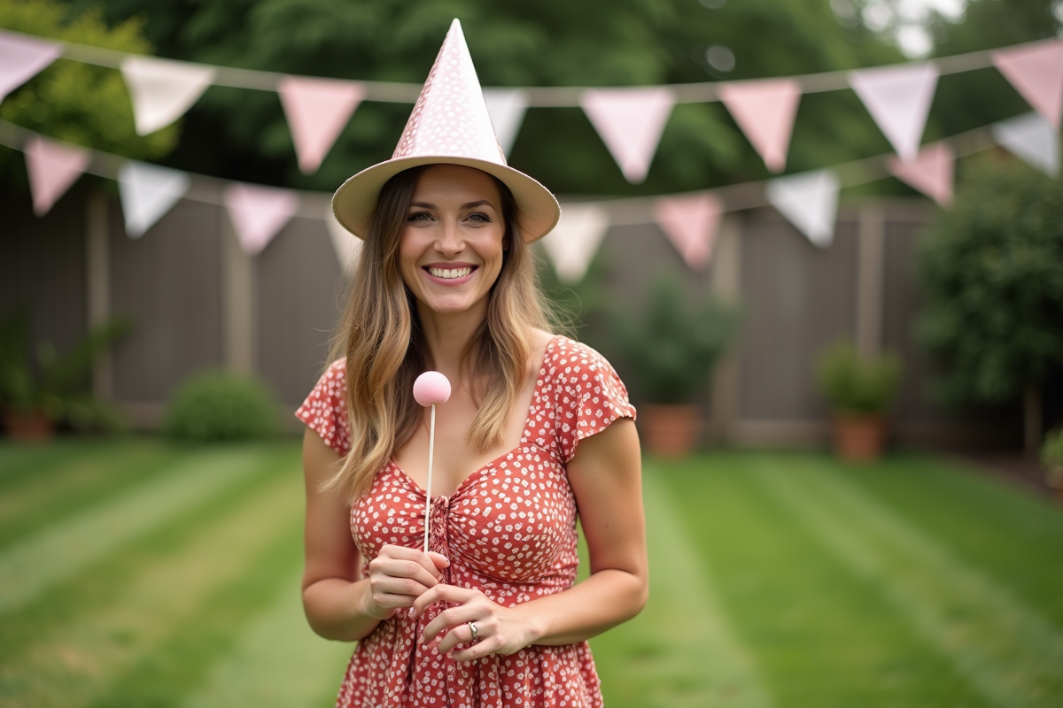 Femme souriante avec accessoire lors d