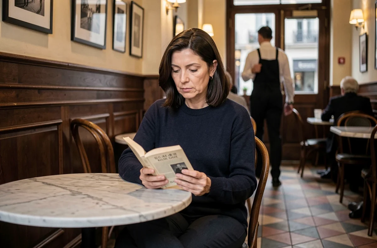 Femme lisant un livre dans un bistro parisien, représentant le droit à l'intimité et à la vie privée des personnalités du monde du spectacle