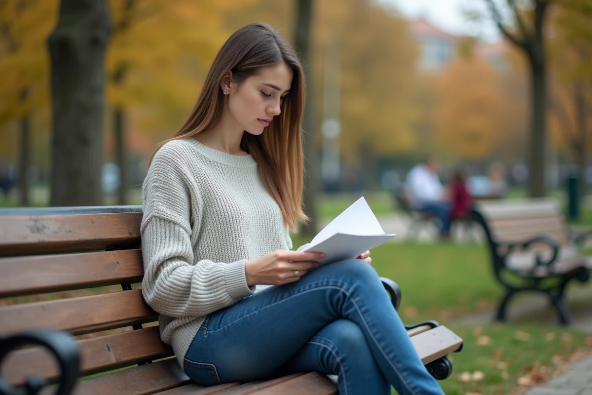 Jeune femme lisant une lettre dans un parc urbain