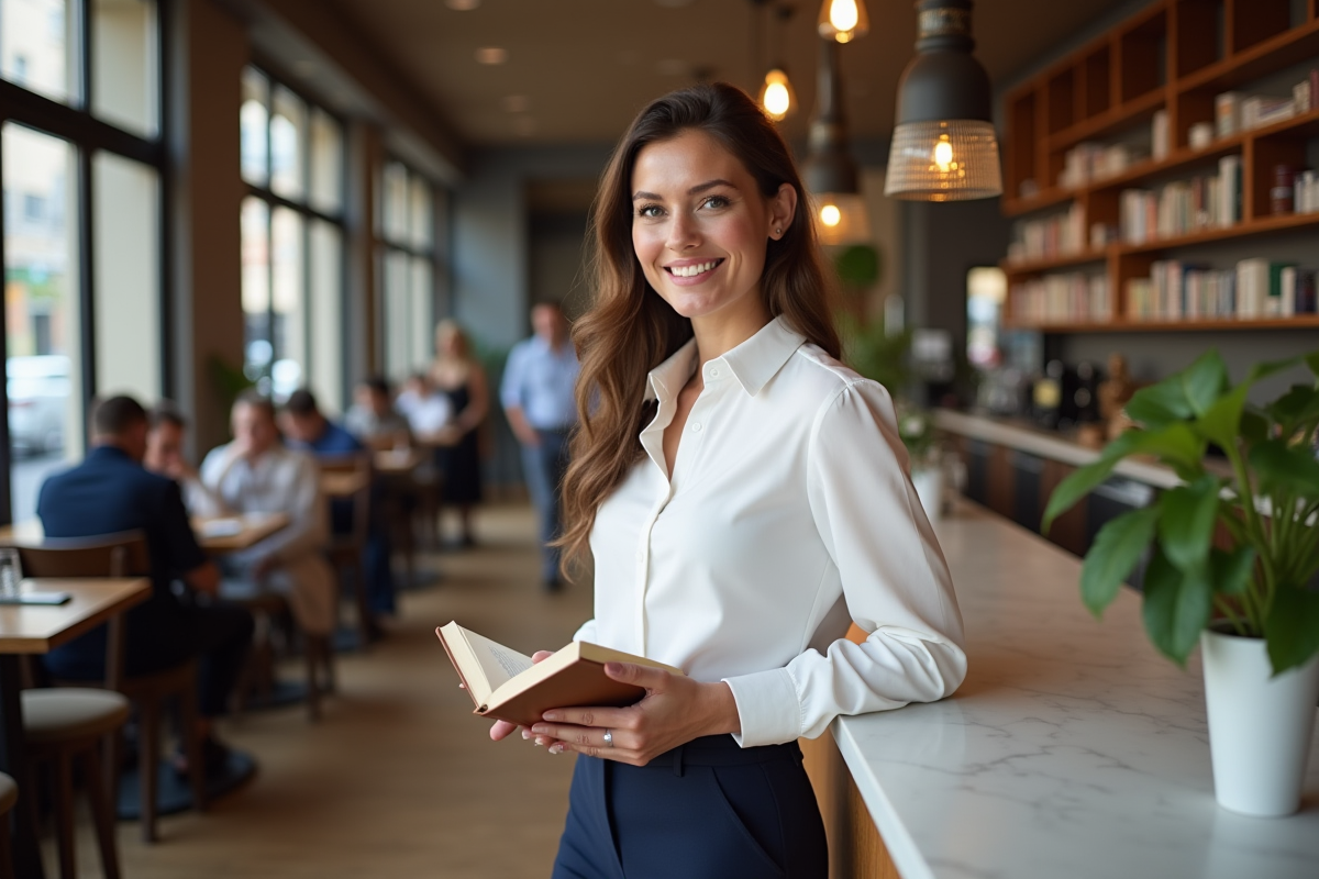 Femme souriante avec livre dans un café moderne