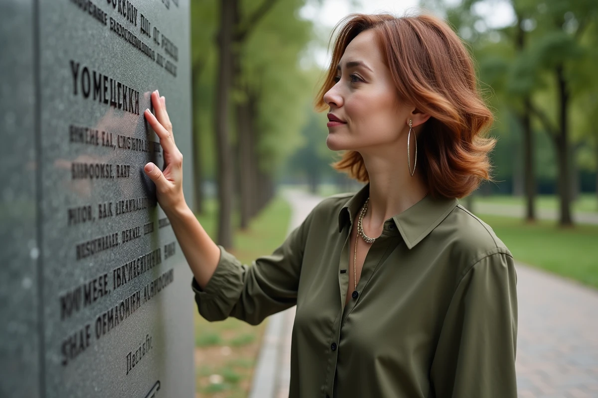 Femme contemplant un monument avec inscription cyrillique dans un parc