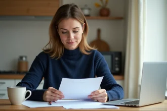 Femme organisant des documents administratifs pour un dossier de changement de caisse d'allocations familiales